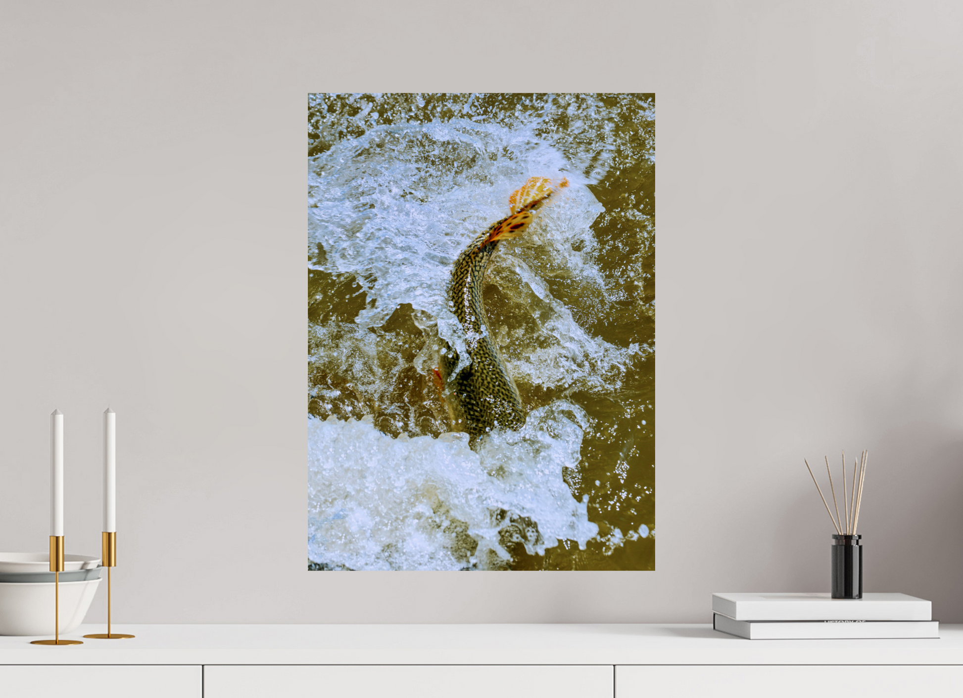 16 x 22″, LAGUNA ChromaLuxe Metal Float Mount Trout Fight in White Water — Collection 09, The Fight Handle: trout-fight-white-water