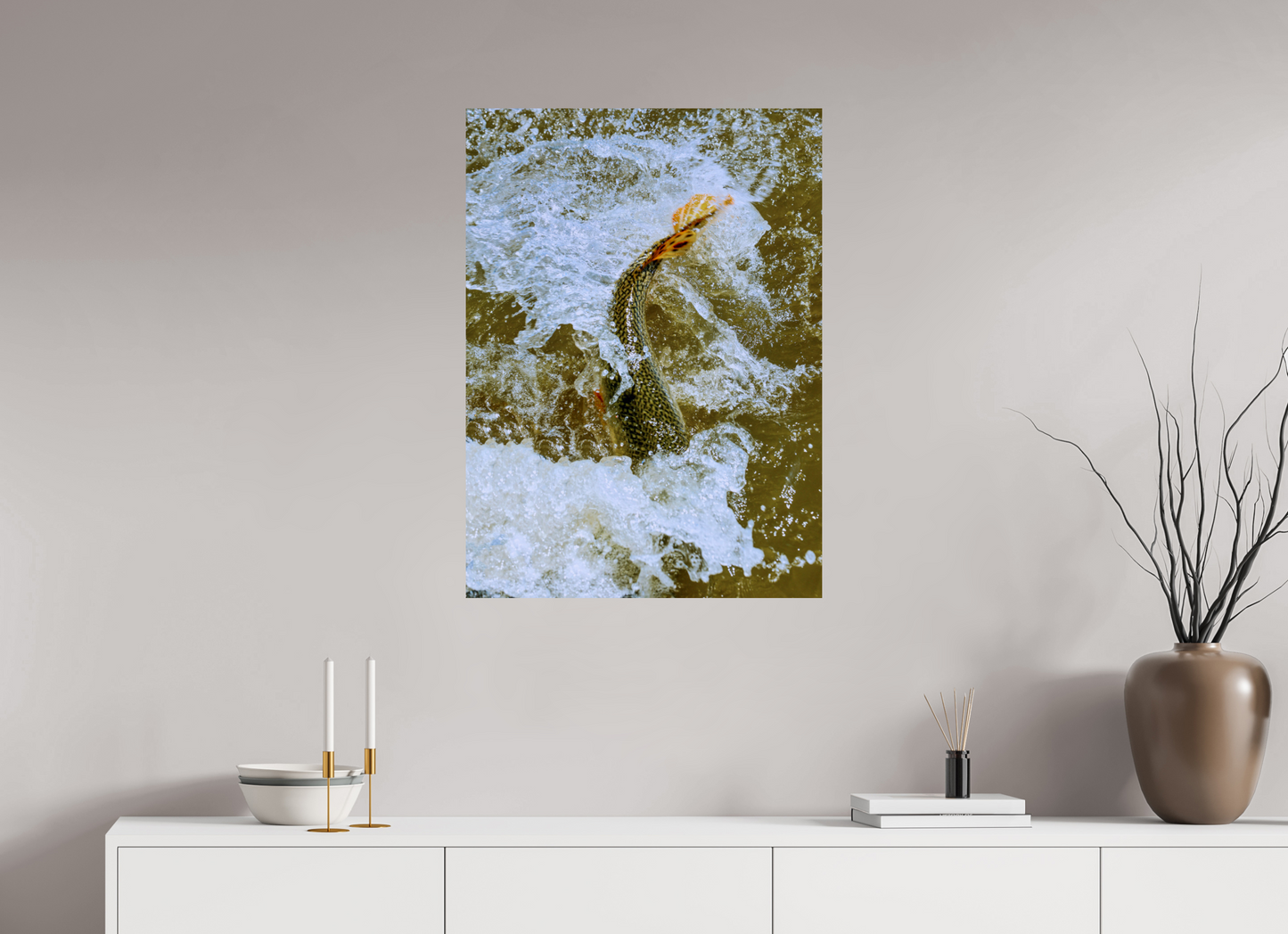 24 x 33″, LAGUNA ChromaLuxe Metal Float Mount Trout Fight in White Water — Collection 09, The Fight Handle: trout-fight-white-water